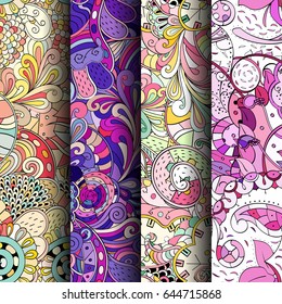 Set of tracery colorful seamless patterns. Vertical stripes. Curved doodling backgrounds for textile or printing with mehndi and ethnic motives. Vector