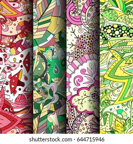 Set of tracery colorful seamless patterns. Vertical stripes. Curved doodling backgrounds for textile or printing with mehndi and ethnic motives. Vector