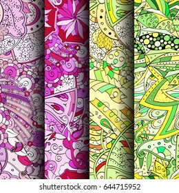 Set of tracery colorful seamless patterns. Vertical stripes. Curved doodling backgrounds for textile or printing with mehndi and ethnic motives. Vector