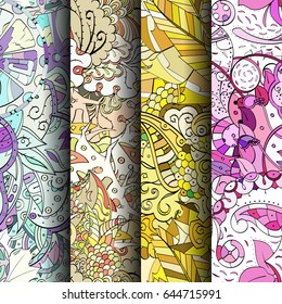 Set of tracery colorful seamless patterns. Vertical stripes. Curved doodling backgrounds for textile or printing with mehndi and ethnic motives. Vector
