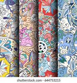 Set of tracery colorful seamless patterns. Vertical stripes. Curved doodling backgrounds for textile or printing with mehndi and ethnic motives. Vector