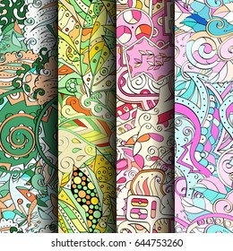 Set of tracery colorful seamless patterns. Vertical stripes. Curved doodling backgrounds for textile or printing with mehndi and ethnic motives. Vector