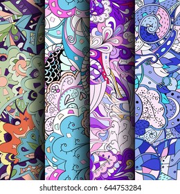 Set of tracery colorful seamless patterns. Vertical stripes. Curved doodling backgrounds for textile or printing with mehndi and ethnic motives. Vector