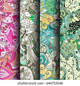 Set of tracery colorful seamless patterns. Vertical stripes. Curved doodling backgrounds for textile or printing with mehndi and ethnic motives. Vector