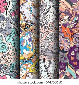 Set of tracery colorful seamless patterns. Vertical stripes. Curved doodling backgrounds for textile or printing with mehndi and ethnic motives. Vector