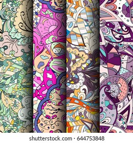 Set of tracery colorful seamless patterns. Vertical stripes. Curved doodling backgrounds for textile or printing with mehndi and ethnic motives. Vector