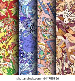 Set of tracery colorful seamless patterns. Vertical stripes. Curved doodling backgrounds for textile or printing with mehndi and ethnic motives. Vector