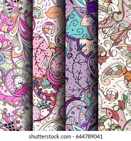 Set of tracery colorful seamless patterns. Vertical stripes. Curved doodling backgrounds for textile or printing with mehndi and ethnic motives. Vector