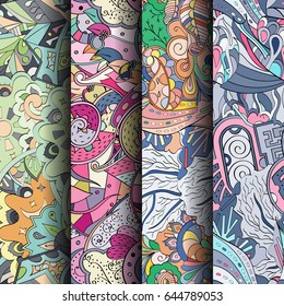 Set of tracery colorful seamless patterns. Vertical stripes. Curved doodling backgrounds for textile or printing with mehndi and ethnic motives. Vector