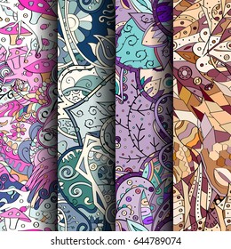 Set of tracery colorful seamless patterns. Vertical stripes. Curved doodling backgrounds for textile or printing with mehndi and ethnic motives. Vector