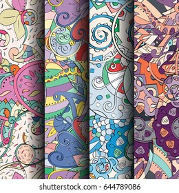 Set of tracery colorful seamless patterns. Vertical stripes. Curved doodling backgrounds for textile or printing with mehndi and ethnic motives. Vector