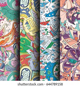 Set of tracery colorful seamless patterns. Vertical stripes. Curved doodling backgrounds for textile or printing with mehndi and ethnic motives. Vector