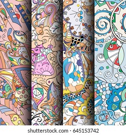 Set of tracery colorful seamless patterns. Vertical stripes. Curved doodling backgrounds for textile or printing with mehndi and ethnic motives. Vector