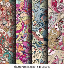 Set of tracery colorful seamless patterns. Vertical stripes. Curved doodling backgrounds for textile or printing with mehndi and ethnic motives. Vector