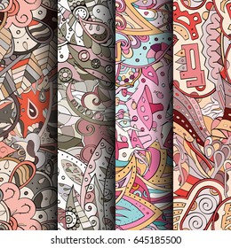 Set of tracery colorful seamless patterns. Vertical stripes. Curved doodling backgrounds for textile or printing with mehndi and ethnic motives. Vector