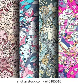 Set of tracery colorful seamless patterns. Vertical stripes. Curved doodling backgrounds for textile or printing with mehndi and ethnic motives. Vector