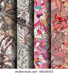 Set of tracery colorful seamless patterns. Vertical stripes. Curved doodling backgrounds for textile or printing with mehndi and ethnic motives. Vector