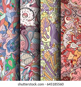 Set of tracery colorful seamless patterns. Vertical stripes. Curved doodling backgrounds for textile or printing with mehndi and ethnic motives. Vector