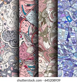 Set of tracery colorful seamless patterns. Vertical stripes. Curved doodling backgrounds for textile or printing with mehndi and ethnic motives. Vector