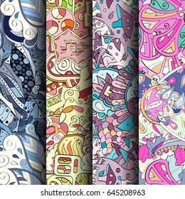 Set of tracery colorful seamless patterns. Vertical stripes. Curved doodling backgrounds for textile or printing with mehndi and ethnic motives. Vector
