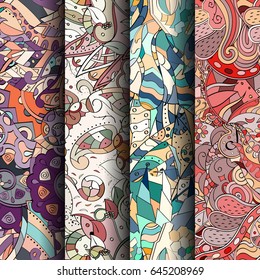 Set of tracery colorful seamless patterns. Vertical stripes. Curved doodling backgrounds for textile or printing with mehndi and ethnic motives. Vector