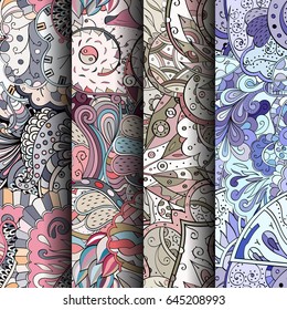 Set of tracery colorful seamless patterns. Vertical stripes. Curved doodling backgrounds for textile or printing with mehndi and ethnic motives. Vector