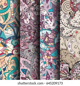 Set of tracery colorful seamless patterns. Vertical stripes. Curved doodling backgrounds for textile or printing with mehndi and ethnic motives. Vector