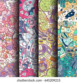 Set of tracery colorful seamless patterns. Vertical stripes. Curved doodling backgrounds for textile or printing with mehndi and ethnic motives. Vector