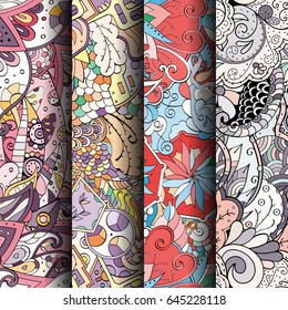 Set of tracery colorful seamless patterns. Vertical stripes. Curved doodling backgrounds for textile or printing with mehndi and ethnic motives. Vector