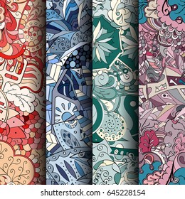 Set of tracery colorful seamless patterns. Vertical stripes. Curved doodling backgrounds for textile or printing with mehndi and ethnic motives. Vector