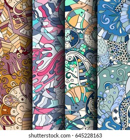 Set of tracery colorful seamless patterns. Vertical stripes. Curved doodling backgrounds for textile or printing with mehndi and ethnic motives. Vector