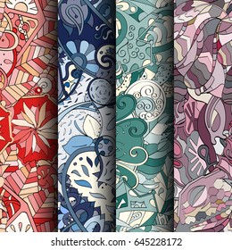 Set of tracery colorful seamless patterns. Vertical stripes. Curved doodling backgrounds for textile or printing with mehndi and ethnic motives. Vector