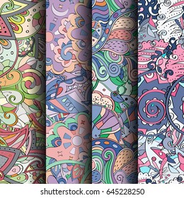 Set of tracery colorful seamless patterns. Vertical stripes. Curved doodling backgrounds for textile or printing with mehndi and ethnic motives. Vector