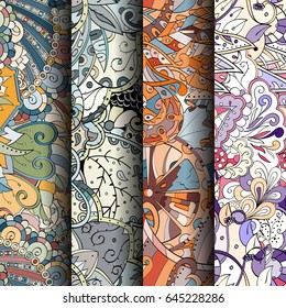 Set of tracery colorful seamless patterns. Vertical stripes. Curved doodling backgrounds for textile or printing with mehndi and ethnic motives. Vector