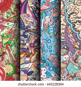 Set of tracery colorful seamless patterns. Vertical stripes. Curved doodling backgrounds for textile or printing with mehndi and ethnic motives. Vector