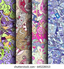 Set of tracery colorful seamless patterns. Vertical stripes. Curved doodling backgrounds for textile or printing with mehndi and ethnic motives. Vector