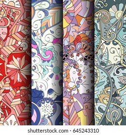 Set of tracery colorful seamless patterns. Vertical stripes. Curved doodling backgrounds for textile or printing with mehndi and ethnic motives. Vector