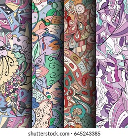Set of tracery colorful seamless patterns. Vertical stripes. Curved doodling backgrounds for textile or printing with mehndi and ethnic motives. Vector
