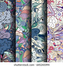 Set of tracery colorful seamless patterns. Vertical stripes. Curved doodling backgrounds for textile or printing with mehndi and ethnic motives. Vector