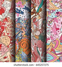 Set of tracery colorful seamless patterns. Vertical stripes. Curved doodling backgrounds for textile or printing with mehndi and ethnic motives. Vector