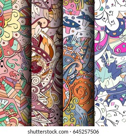 Set of tracery colorful seamless patterns. Vertical stripes. Curved doodling backgrounds for textile or printing with mehndi and ethnic motives. Vector