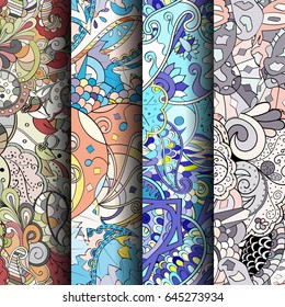 Set of tracery colorful seamless patterns. Vertical stripes. Curved doodling backgrounds for textile or printing with mehndi and ethnic motives. Vector
