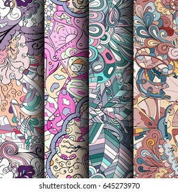 Set of tracery colorful seamless patterns. Vertical stripes. Curved doodling backgrounds for textile or printing with mehndi and ethnic motives. Vector