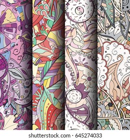 Set of tracery colorful seamless patterns. Vertical stripes. Curved doodling backgrounds for textile or printing with mehndi and ethnic motives. Vector