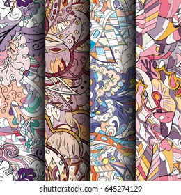Set of tracery colorful seamless patterns. Vertical stripes. Curved doodling backgrounds for textile or printing with mehndi and ethnic motives. Vector
