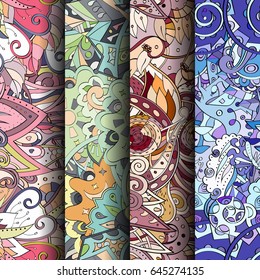 Set of tracery colorful seamless patterns. Vertical stripes. Curved doodling backgrounds for textile or printing with mehndi and ethnic motives. Vector