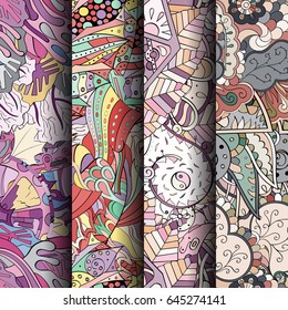 Set of tracery colorful seamless patterns. Vertical stripes. Curved doodling backgrounds for textile or printing with mehndi and ethnic motives. Vector