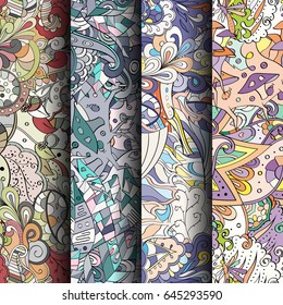 Set of tracery colorful seamless patterns. Vertical stripes. Curved doodling backgrounds for textile or printing with mehndi and ethnic motives. Vector