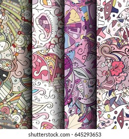 Set of tracery colorful seamless patterns. Vertical stripes. Curved doodling backgrounds for textile or printing with mehndi and ethnic motives. Vector