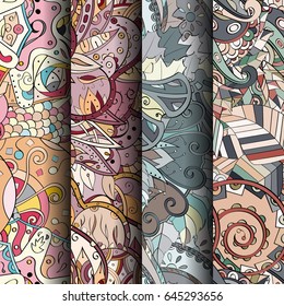Set of tracery colorful seamless patterns. Vertical stripes. Curved doodling backgrounds for textile or printing with mehndi and ethnic motives. Vector